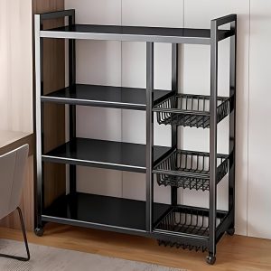 A Multifunctional Kitchen Storage Rack, 108.0 cm Tall with Adjustable 4-Tier Baskets, a Movable Microwave Stand on Wheels, a Metal Frame Suitable for Kitchens, Pantries, And Garages - The Perfect Choice for Kitchen Shelving.