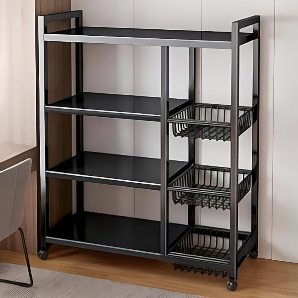 A Multifunctional Kitchen Storage Rack, 108.0 cm Tall with Adjustable 4-Tier Baskets, a Movable Microwave Stand on Wheels, a Metal Frame Suitable for Kitchens, Pantries, And Garages - The Perfect Choice for Kitchen Shelving.