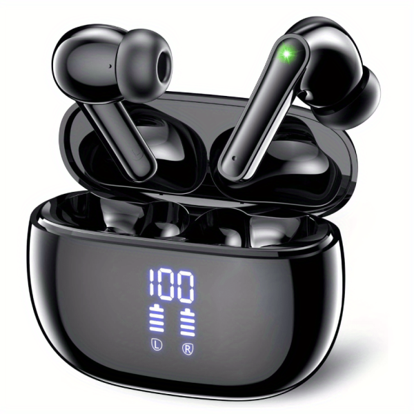 Wireless Earbuds with Touch Control, Built-in Noise Reduction Mic, Type-C Charging Case, 15Hr Playtime, 2Hr Quick Charge, USB Charging, 380mAh Battery, with LED Power Display, for Sports, Adult, Compatible with Cellphones