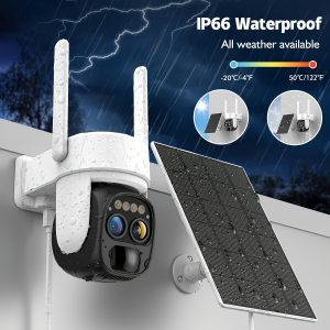 1pc SZSINOCAM Solar-Powered Wireless Security Camera, Dual-Lens 1080P HD, 8X Zoom, 360° Pan Tilt, Two-Way Audio, Spotlight Siren, PIR Motion Detection,, Wall Hanging, App Control, Nightvision, PTZ, Wi-Fi Enabled, Rechargeable Battery, for Outdoor Use