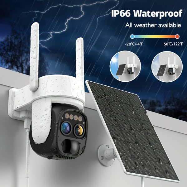 1pc SZSINOCAM Solar-Powered Wireless Security Camera, Dual-Lens 1080P HD, 8X Zoom, 360° Pan Tilt, Two-Way Audio, Spotlight Siren, PIR Motion Detection,, Wall Hanging, App Control, Nightvision, PTZ, Wi-Fi Enabled, Rechargeable Battery, for Outdoor Use