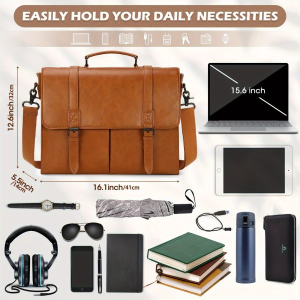 Vintage PU Leather Messenger Bag for Men - 39.62cm Waterproof Laptop Briefcase with Multiple Compartments, Adjustable Shoulder Strap & Zipper Closure - Light Brown/Black Office & Business Satchel, Laptop Bag