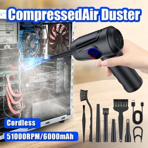 Cordless Compressed Air Duster with 4-Speed Adjustable Fan, 51000 RPM, 6000mAh Battery, LCD Display & LED Light - Portable Electric Blower for Computers, Keyboards, and Electronics - Replaces Cans, Energy-Efficient & Multi-Use Cleaning Tool