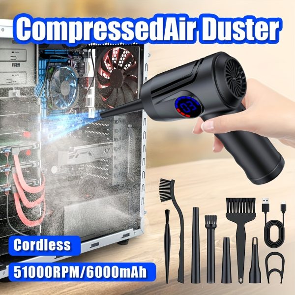 Cordless Compressed Air Duster with 4-Speed Adjustable Fan, 51000 RPM, 6000mAh Battery, LCD Display & LED Light - Portable Electric Blower for Computers, Keyboards, and Electronics - Replaces Cans, Energy-Efficient & Multi-Use Cleaning Tool