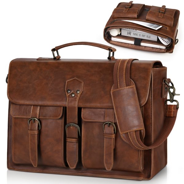 Vintage PU Leather Laptop Briefcase for Men - 45.72 cm Waterproof Messenger Bag with Multiple Compartments, Adjustable Shoulder Strap & Handbag Loop, Perfect for Office, Travel, and College - Deep Brown/Black, Secure Document Storage | Sophisticated Satchel | Waterproof PU Leather, Laptop Bag