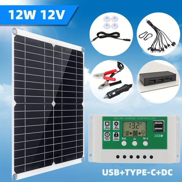 12W 12V Solar Panel Charger with Dual USB & Type-C DC Output, Detachable Photovoltaic Module, Solar Power Supply for Outdoor Use, No Battery Included