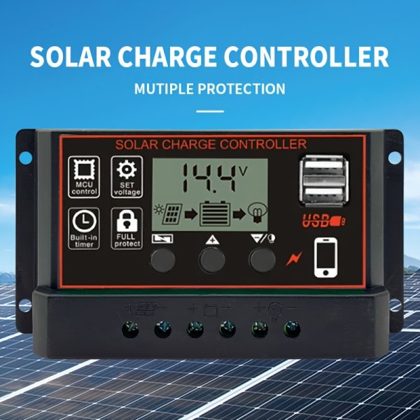 Solar Charge Controller 12V/24V Compatible with LCD Display, Adjustable Timer, Dual USB Output, Multi-Protection System for Enhanced Power Generation Efficiency - Hardwired Power Supply, No Battery Required