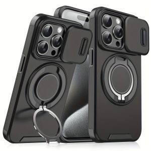 For iPhone 16/15/14/13/12/11/Pro/Max Pro/Plus Mobile Phone Case, with Sliding Camera Cover + [Full Camera Protection], with 360° Rotating Ring Bracket/Magnetic Car Bracket/Matte Texture Shockproof Mobile Phone Protective Case