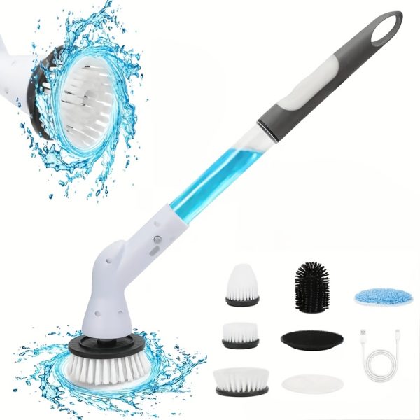 Multi-Functional Electric Spin Scrubber with 6 Replaceable Brush Heads - USB Rechargeable, Cordless Tile, Grout, and Carpet Cleaner, 2000mAh Lithium Battery-Powered, Upholstery and Bathroom Cleaning Machine with Detachable Head and Built-in Liquid Dispenser