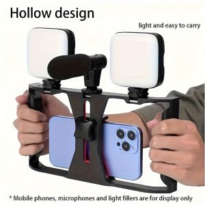 1pc Universal Handheld Mobile Phone Stabilizer, Rotating Head Mount, Microphone Holder for Live Streaming, Fill Light Stand with Three Cold Shoe Expansion Ports and Multiple 1/4 Expansion Ports, Compatible with Most Phones, Hot Shoe Base