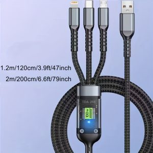 OLISHEN 100W 3-in-1 Fast Charging Cable, Nylon Round Matte USB to Lightning/Micro/Type-C, Universal High-Performance Charger for iPhone 14/13/12/11 Pro Max/SE/X/8/7/6, Compatible with Various Smartphones & Devices, Male to Male Connector, Data Transmission Capable