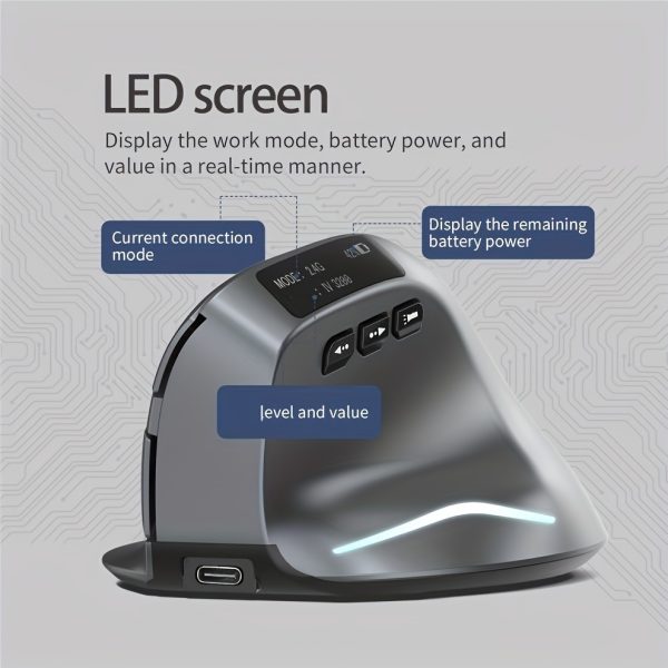 1pc 2.4G+BT Vertical Wireless Mouse with OLED Screen USB RGB Rechargeable Mouse for Computer Laptop Tablet Ergonomics Mice Gaming