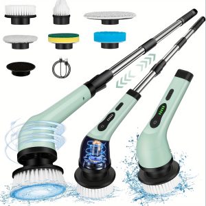 IAGREEA 6010 Wireless Electric Spin Mop with 9/6 Interchangeable Brush Heads, Adjustable Telescopic Handle, 360° Cordless Cleaning for Bathroom, Bathtub, Tile, Floor - USB Charging, ≤36V, Rechargeable 18650 Lithium Battery