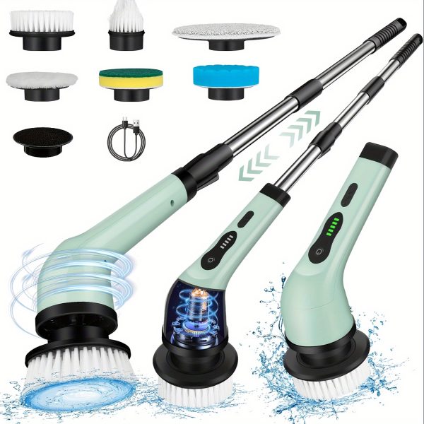 IAGREEA 6010 Wireless Electric Spin Mop with 9/6 Interchangeable Brush Heads, Adjustable Telescopic Handle, 360° Cordless Cleaning for Bathroom, Bathtub, Tile, Floor - USB Charging, ≤36V, Rechargeable 18650 Lithium Battery