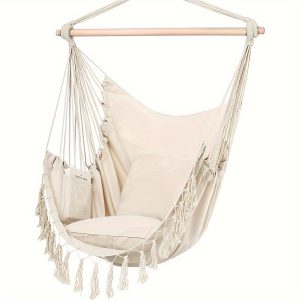 Hammock Chair Hanging Rope Swing, Max 226.8 KG, 2 Cushions Included, Large Macrame Hanging Chair with Pocket, Weave for Superior Comfort, Durability