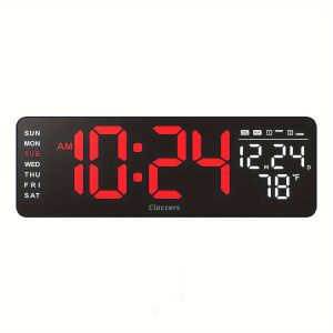 Large Screen Digital Wall Clock With Indoor Temperature Date Week Display, Desk Countdown Digital Timer, 33.02 Cm Nordic Simple Living Room 10-level Brightness Adjustment Auto Light Led Dual Alarm Clock With Remote Control (Button Battery)
