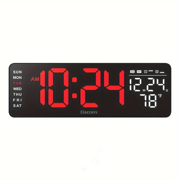 Large Screen Digital Wall Clock With Indoor Temperature Date Week Display, Desk Countdown Digital Timer, 33.02 Cm Nordic Simple Living Room 10-level Brightness Adjustment Auto Light Led Dual Alarm Clock With Remote Control (Button Battery)