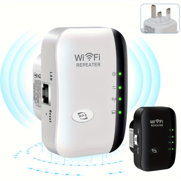 WiFi Extender, 300Mbps 2.4Ghz Wireless WiFi Range Booster, WiFi Internet Repeater With Ethernet Port, 1-Tap Setup, Long Range Amplifier Support Repeater/ Router/ AP Mode & WPS, For Home, Office, Hotel, Business Quarter, White/ Black, UK Plug