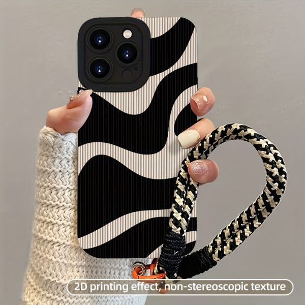 Black And White Waves Simple black classic 2D pattern cell phone case with black and white braided lanyard, durable high-end Men's and Women's cell phone cases，Suitable for iPhone 16Promax/Plus/Pro/15Promax/Pro/Plus/14/13/12/11/11Pro/Pro Max
