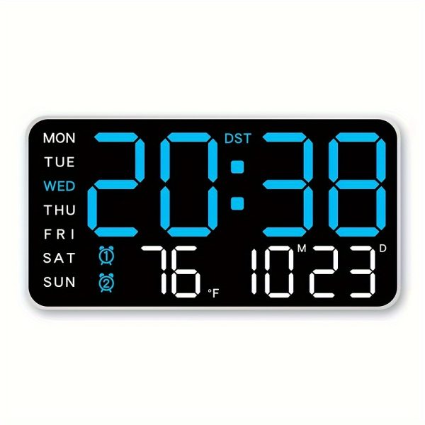 Digital Wall Clock Large LED Display with Calendar, Weekday, Temperature, Voice Wake-Up Function, Adjustable Brightness, 12/24 Hour USB Powered Rectangular Clock with Single Chime Feature - Fantasy Theme Plastic Clock with White Finish