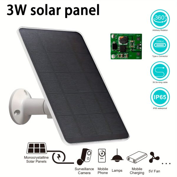 1pc Durable Monocrystalline Solar Panel, 3W Outdoor Photovoltaic Power Generation, Solar Charging Panel for Surveillance Cameras, Mobile Phones, Lamps, and 5V Fans - Non-Removable Solar Panel