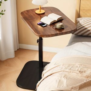 A Modern Adjustable Height Side Table - a Casual Style Nightstand Made of Engineered Wood And Hardwood, Featuring a Rotating Tabletop, a Versatile Sofa End Table That Does Not Require Power.