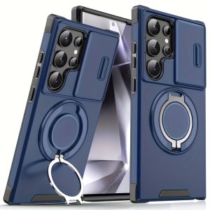 for Samsung Galaxy S25 S24 S23 S22 S21 Ultra S25 S24 S23 S22 Plus S23FE A14 A54 A13 A55 Mobile Phone Case with Sliding Camera Cover + [Full Camera Protection] with 360° Rotating Ring Holder Car Magnetic Suction Holder Frosted Texture Shockproof Mobile Phone Protective Case