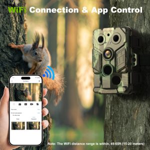 1080P HD Trail Camera with Wi-Fi, Outdoor Hunting and Wildlife Camera, Portable with Motion Sensor, Night Vision, Battery Powered, Push Button Control, with Tree Mount, for Game Monitoring with Non-rechargeable AA Battery (Batteries Not Included)