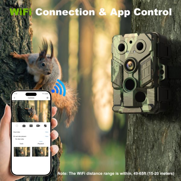 1080P HD Trail Camera with Wi-Fi, Outdoor Hunting and Wildlife Camera, Portable with Motion Sensor, Night Vision, Battery Powered, Push Button Control, with Tree Mount, for Game Monitoring with Non-rechargeable AA Battery (Batteries Not Included)