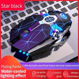 YINDIAO Ambidextrous Wireless Mouse, Rechargeable 2.4GHz Optical, USB Charging, Star Black with Glitter, Animal Print, Quiet for Office & Laptop, Compatible with Windows 10, 400mAh Lithium Polymer Battery