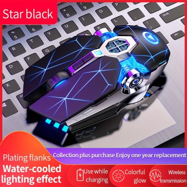 YINDIAO Ambidextrous Wireless Mouse, Rechargeable 2.4GHz Optical, USB Charging, Star Black with Glitter, Animal Print, Quiet for Office & Laptop, Compatible with Windows 10, 400mAh Lithium Polymer Battery