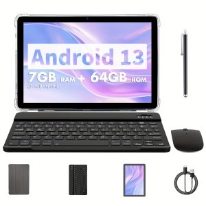 ROENLLCE 25.65cm Android 13 Tablet with Keyboard, Mouse, Case & Stylus - 7GB RAM + 64GB ROM, 2MP+8MP Dual Cameras, 1280x800 IPS HD Display, Stereo Speakers, Rockchip G52 Processor, PC Polycarbonate Body
