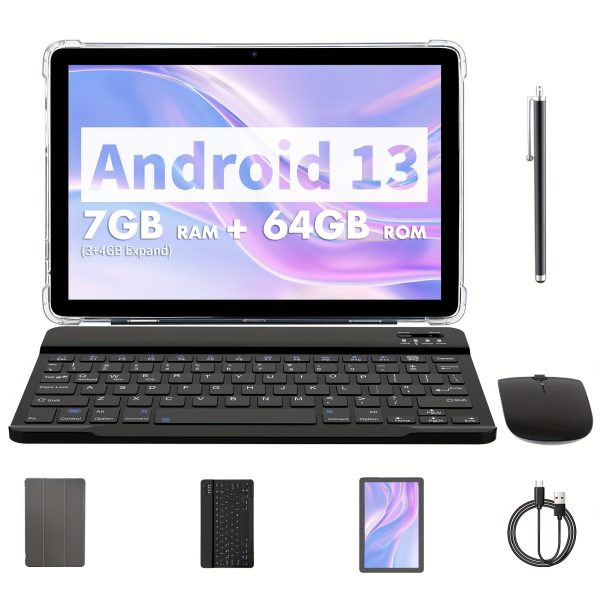 ROENLLCE 25.65cm Android 13 Tablet with Keyboard, Mouse, Case & Stylus - 7GB RAM + 64GB ROM, 2MP+8MP Dual Cameras, 1280x800 IPS HD Display, Stereo Speakers, Rockchip G52 Processor, PC Polycarbonate Body