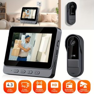 Wireless HD Video Doorbell Camera with 10.92cm IPS Screen, Infrared Night Vision, Dual-Way Intercom, Rechargeable Battery, USB Charging, 480p Video Capture, RFID Function - Home Office Apartment Security Camera Kit