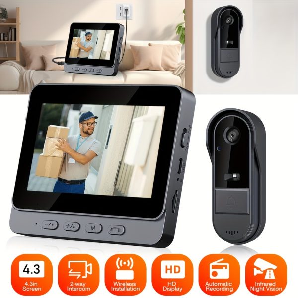 Wireless HD Video Doorbell Camera with 10.92cm IPS Screen, Infrared Night Vision, Dual-Way Intercom, Rechargeable Battery, USB Charging, 480p Video Capture, RFID Function - Home Office Apartment Security Camera Kit
