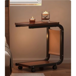 Modern Rolling Side Table with Wheels – Stylish Minimalist Wooden Coffee Table with Pull-Out Storage, Brown Wood Top & Black Metal Frame, Perfect for Living Room or Bedside Use, Coffee Table for Living Room