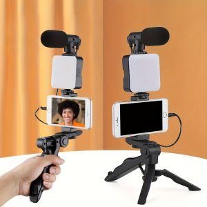 LED Live Light Stand KIT-01 Desktop Multifunctional Tripod Handheld/Portable w/Fill Light/Microphone/Cell Phone Clip Black