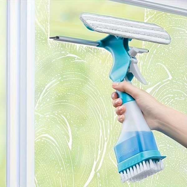4-in-1 Multifunctional Glass Cleaning Brush with Spray Function - Manual Window, Mirror, and Tile Cleaner for Streak-Free Shine - Blue & White Ergonomic Design with Scraper, Wiper, and Spray Nozzle - Ideal for Bathroom, Kitchen, and Home Windows, Bathroom Cleaning Tools