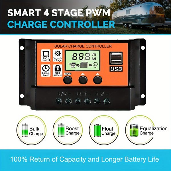 One Piece of The 2024 Model Solar Charge Controller, Featuring an Intelligent Regulator for Solar Panels, Equipped with Dual USB Ports for 12V/24V Systems, And an Adjustable PWM Auto Parameter with an Orange LCD Display.