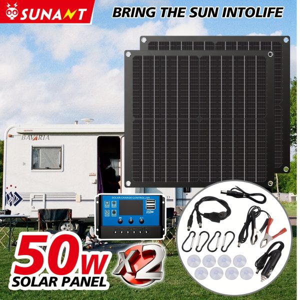1pc/2pcs Sunant 50W Portable Solar Panel Charger, Detachable Insulated Material, Solar-Powered with 60A Controller, 5V Output for DC & USB, Ideal for RV, Yacht, Phone, Power Bank, Camping, Fishing, Travel