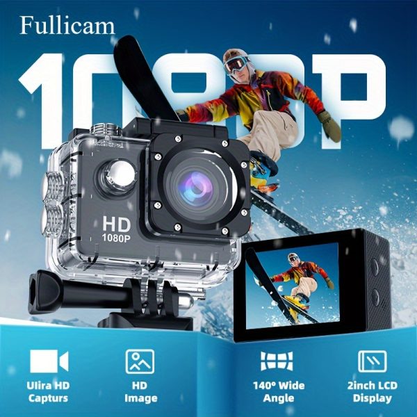 Fullicam Sports Action Camera HD 1080P with Digital Image Stabilization, Manual Exposure Control, 120° Wide Angle Lens, MP4 File Format, Rechargeable Lithium Polymer Battery, Accessory Kit Included