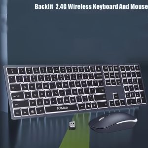 JOMAA Backlit Wireless Keyboard and Mouse Combo, Full-Size Rechargeable Ergonomic Workstation with Lithium Polymer Battery, USB Charging, Plug and Play, Compatible with Desktop/PC/Laptop