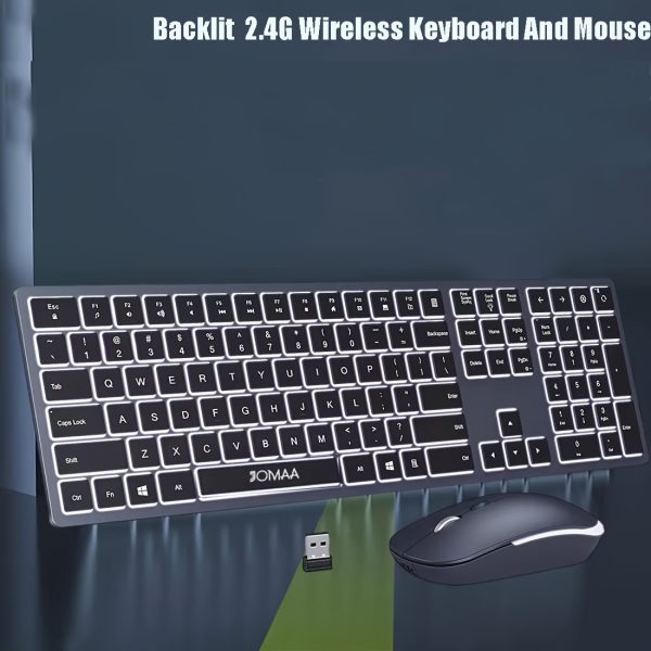 JOMAA Backlit Wireless Keyboard and Mouse Combo, Full-Size Rechargeable Ergonomic Workstation with Lithium Polymer Battery, USB Charging, Plug and Play, Compatible with Desktop/PC/Laptop