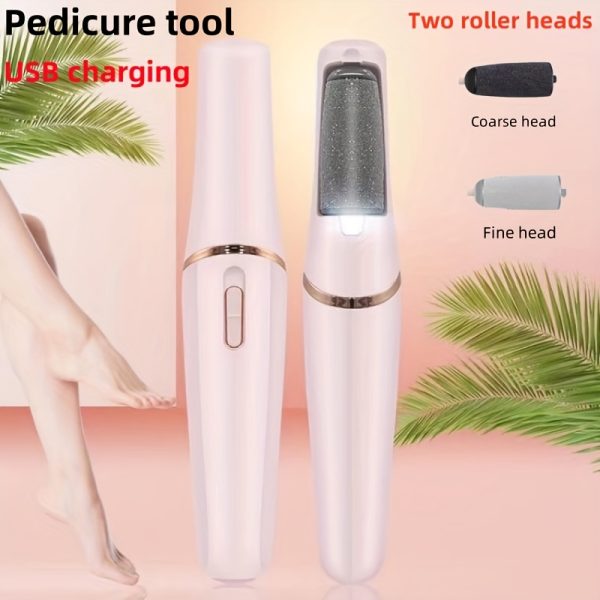 USB Rechargeable Electric Foot Pedicure Tool - Sleek White with Golden Accents, Dual Roller Heads for Smooth Feet, Portable Dead Skin & Callus Remover, 500mAh Lithium Battery, Home Spa Experience, Foot Smoothing Tool|Ergonomic Design|LED Display Feature