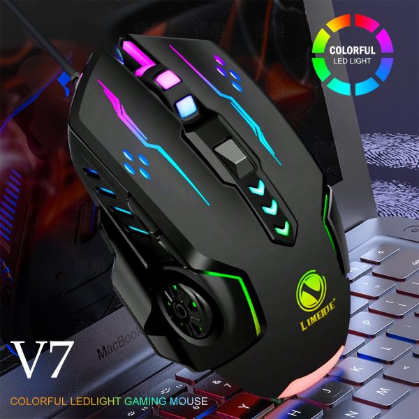 1pc V7 Mechanical Gaming Mouse with Colorful LED Lights, Wired Design for MacBook & Desktop Computers, Ergonomic Ambidextrous Plastic Build, Glitter Accents, No Battery Required, Includes Mouse Pad, Gaming Accessories | Ergonomic Ambidextrous Mouse | USB Wired Mouse