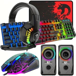 Gaming 5-in-1 Combo Set - UK Layout 104-Key Wired Gaming Keyboard, 2400DPI Ergonomic Mouse, Large Mouse Pad, USB Charging Headset & Speakers, Multi RGB Backlight, for PC, Mac, PS4, Xbox One - Left Hand Orientation, No Battery Required
