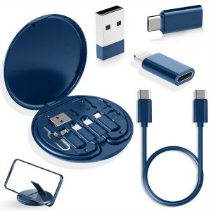 5-in-1 Mini Data Cable Storage Box, Including 60W Fast Charging USB Cable Set, Silicone Type-C Adapter and Card Slot, Suitable for iPhone 15/15 Pro Max/14 Pro Max/13/12/11, etc., Can be Used for Data Transmission, Storage Card, Tray Pop-up Screw - with Mobile Phone Holder