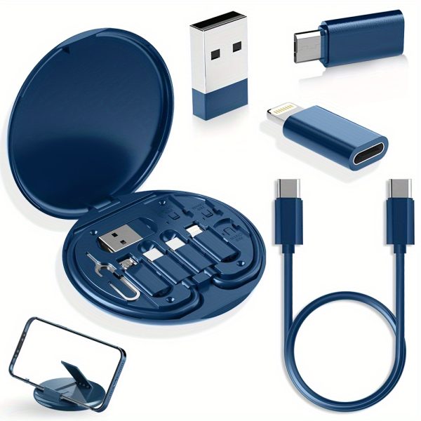 5-in-1 Mini Data Cable Storage Box, Including 60W Fast Charging USB Cable Set, Silicone Type-C Adapter and Card Slot, Suitable for iPhone 15/15 Pro Max/14 Pro Max/13/12/11, etc., Can be Used for Data Transmission, Storage Card, Tray Pop-up Screw - with Mobile Phone Holder