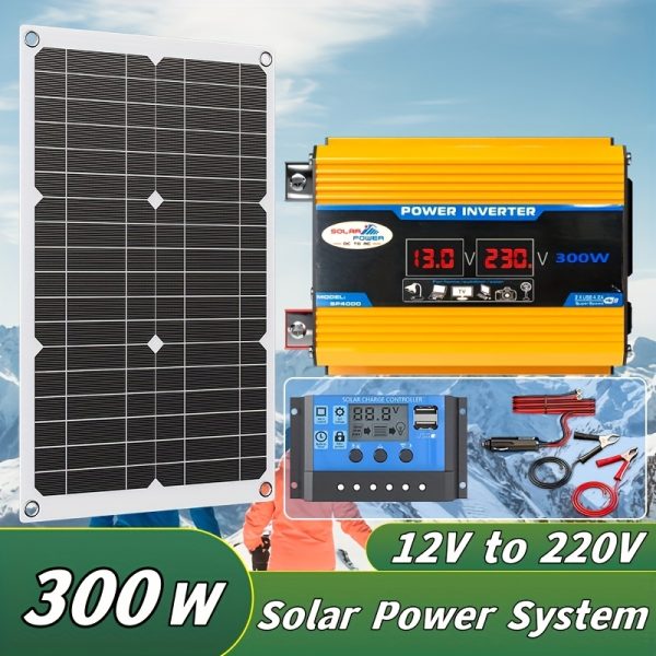 Solar Charging System Kit, 12V Solar Panel + 300W DC12V to AC220V Power Inverter + 12V/24V Solar Charge Controller, Dual USB Quick Charge Car Inverter, Mobile Charger, Outdoor Power Supply, NEWTIPOWER Brand, Without Batter