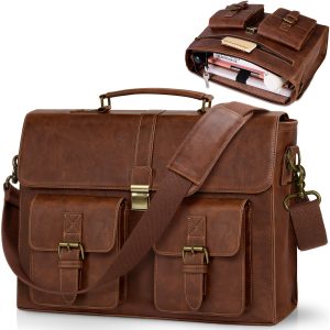NUBILY Vintage Brown PU Leather Laptop Briefcase - 39.62 cm Waterproof Messenger Bag with Multiple Compartments, Adjustable Shoulder Strap & Golden-Tone Hardware for Office, Travel, and College, Laptop Bag